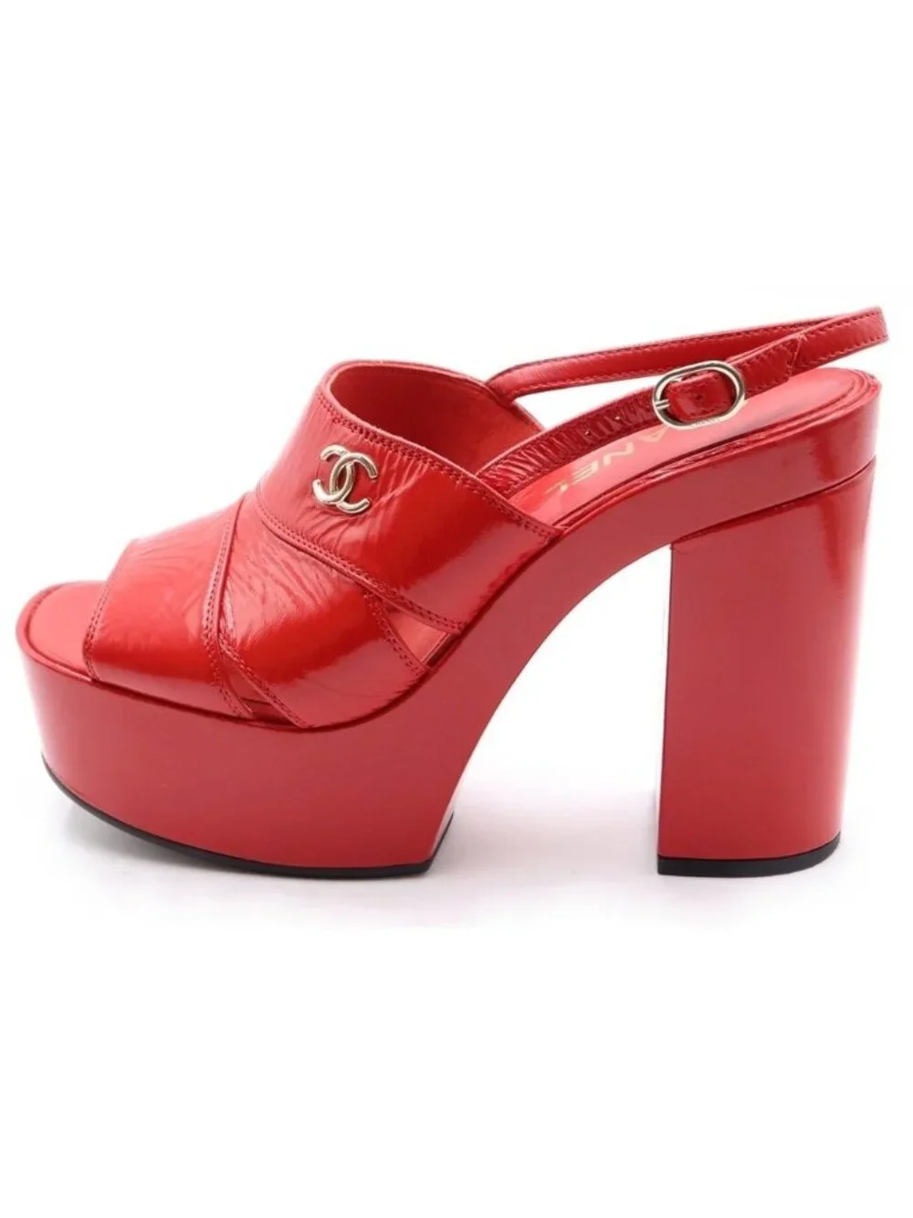 Chanel CC Logo High Heels Leather Sandals Enamel Gold